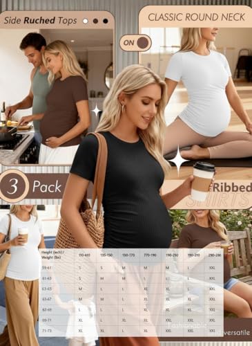 Ficerd 3 Pack Women's Short Sleeve Maternity Shirts - color: Black, White, Coffee, size: Medium
