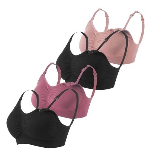 Under Control Nursing Bra 4-Pack - Wireless Maternity & Sleep Bra with Removable Pads - Comfortable Breastfeeding Bra (S-2XL) - color: Black/Coco/Black/Burg Mist, size: Large