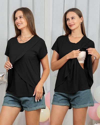 Rnxrbb 3 Pack Nursing Tops for Women Maternity Breastfeeding Shirts - color: Black&light Gray&brown, size: XX-Large