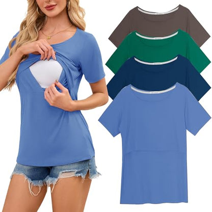 Smallshow Women's 4 Pack Ribbed Short Sleeve Nursing Tops - color: Blue-brown-deep Green-teal(4 Packs), size: X-Large