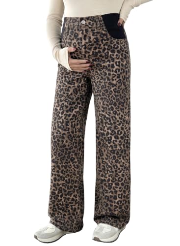 BLENCOT Women's Maternity Jeans Fashion Printed Pregnancy Denim Pants - color: Brown Leopard, size: X-Large