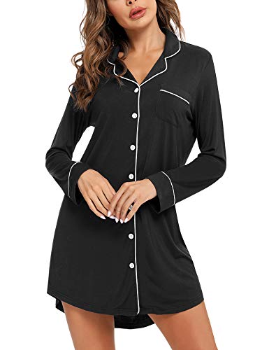 Samring Nightgowns for Women Long Sleeve Button Down Night Gown Sleepshirts - color: Black, size: X-Large