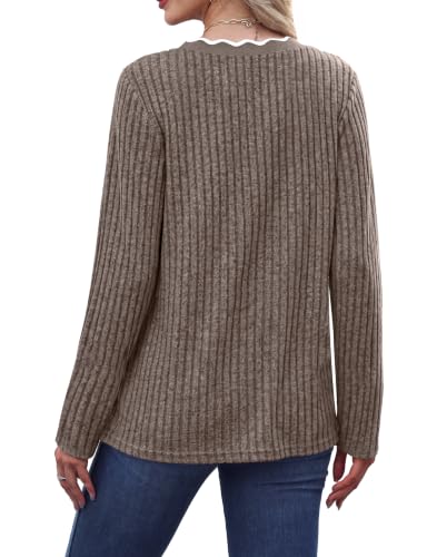 WIHOLL Long Sleeve Womens Shirts Lightweight Fall Tunic Top V Neck Sweaters - color: 01-khaki, size: Small