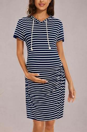 Women's Maternity Hoodie Dress Short Sleeve Split Side Ruched Pregnancy Clothes - color: Navy Stripe, size: XX-Large