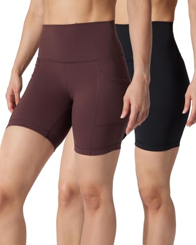 Yogalicious Womens 5”, 7” High Waisted Biker Shorts Squat Proof Workout Yoga Short 2 Pack - color: Cocoa (W/Pocket) / Black (No Pocket) 7", size: Large