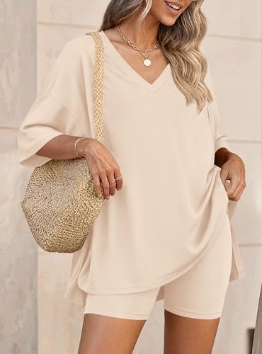 PRETTYGARDEN Womens 2 Piece Outfit Lounge Short Sets - color: Beige, size: Large