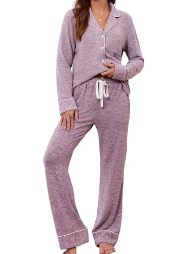 Leikar Button Up Pajama Set For Women Long Sleeve Shirt And Pajama Pants Soft Pjs Lounge Sets - color: A-thickened Pink, size: Small