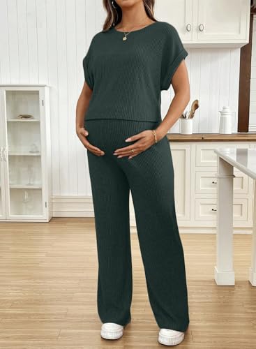 BLENCOT Maternity Sets Summer Ribbed Knit Pajamas Outfits - color: Dark Green, size: Medium
