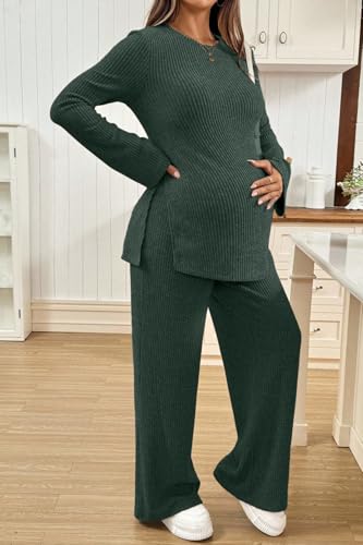 BLENCOT Maternity 2 Piece Outfits Ribbed Knit Long Sleeve Sets - color: Mist Green, size: Medium
