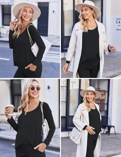 Ekouaer Maternity Nursing Pajama Set Long Sleeve Breastfeeding Sleepwear - color: A Black, size: Medium