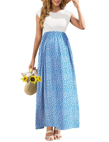 AISWI Maternity Nursing Dress - color: White & Blue Floral, size: Large