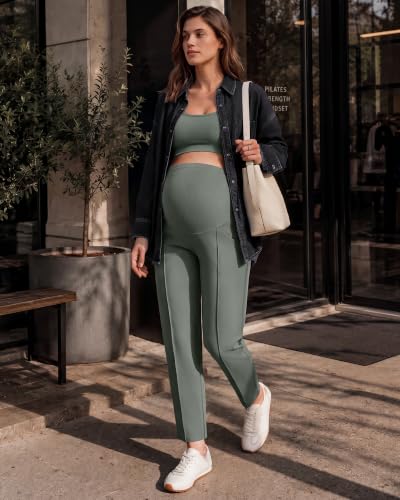 G4Free EverGoing Maternity Work Pants Tapered Ankle Pregnancy Trousers - color: Gray Sage, size: Medium