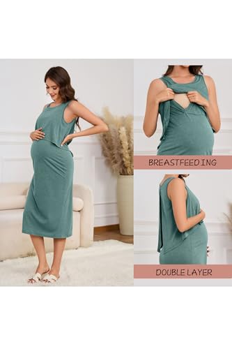 OUGES 2026 Sleeveless Maternity Nursing Dresses for Women Crew Neck Midi Length Easy Breastfeeding Clothes S-XXL - color: Gray Green, size: Medium