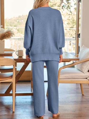 LILLUSORY Women 2 Piece Matching Lounge Sweater Sets 2026 Fall Outfit - color: Dusty Blue, size: Medium