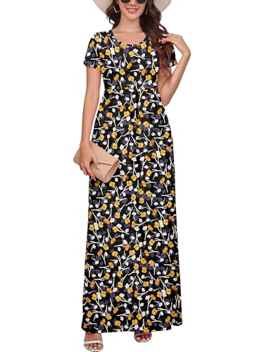 DEARCASE Maxi Dress for Women Short Sleeve Casual Summer Loose Plain Comfy Long Dresses with Pockets - color: 1-black Blue Yellow Papaver Rhoeas, size: Small