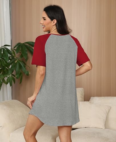 Nightgowns for Women Raglan Sleeve Night Shirt Soft Sleepshirts - color: Red and Grey, size: X-Large