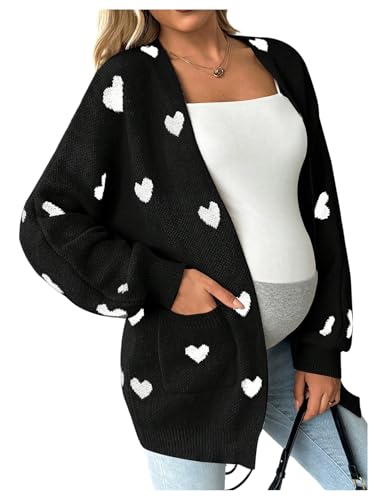 MakeMeChic Women's Maternity Heart Sweater Cardigan Fall Winter Clothes - color: Black and White, size: Small