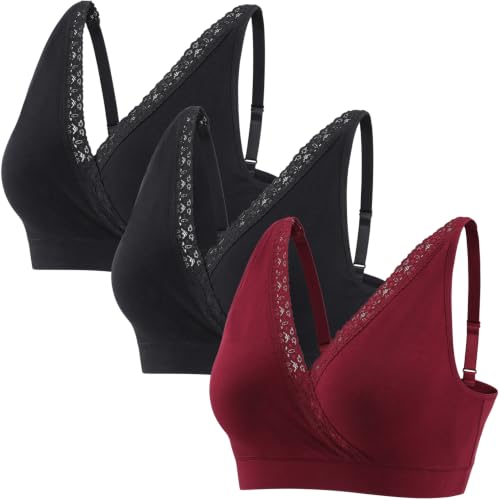 Wireless Cotton Nursing Bra for Sleep& Maternity, Pregnancy Breastfeeding Top, Adjustable Straps, Full Coverage - color: Black+black+red Wine/3pack, size: XX-Large