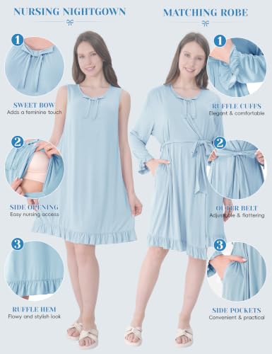 Maternity Nursing Gown & Robe Set, Ruffle Labor Delivery Nightgowns - color: Baby Blue, size: Small