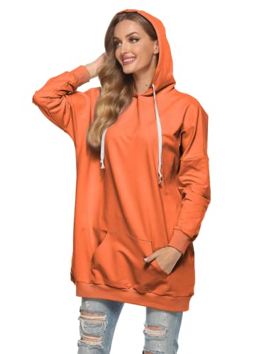 Famulily Womens Oversized Hoodie Extra Long Hooded Tunic Sweatshirt with Pockets - color: Orange, size: Small