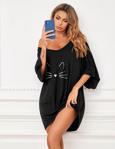 Ekouaer Nightgowns for Women Deep V Neck Sleep Shirt Oversized Night Shirt - color: Black Cat, size: Small