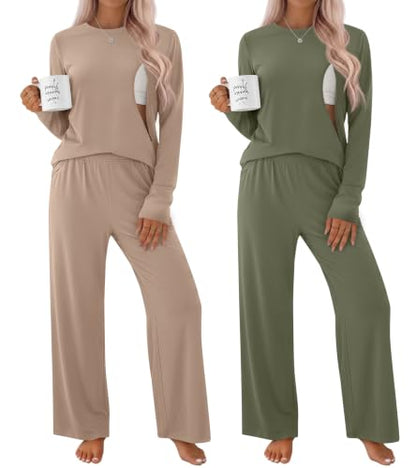 2 Pack Maternity Nursing Pajamas Set - color: Camel, Army Green, size: Large