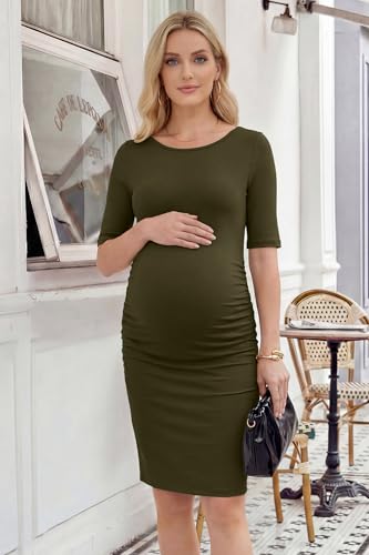 OUGES Women's Lyocell Cool Fabric Maternity Dress Ruched Pregnancy Clothes Summer Casual Dresses 2026 - color: Army Green, size: Large