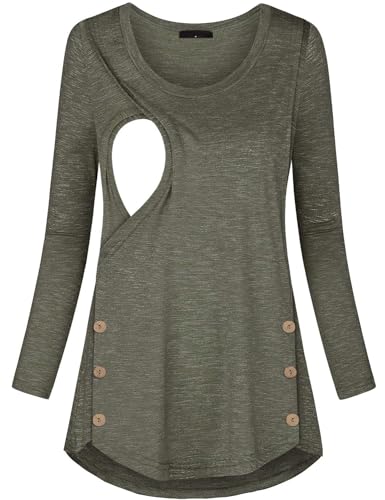 connche Women's Button Side Maternity Tunic Nursing Tops for Breastfeeding - color: Olive Green, size: Medium