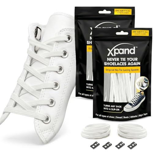 Xpand No Tie Elastic Shoe Laces for Sneakers - Shoelaces for Adults & Kids - color: 4. White-white
