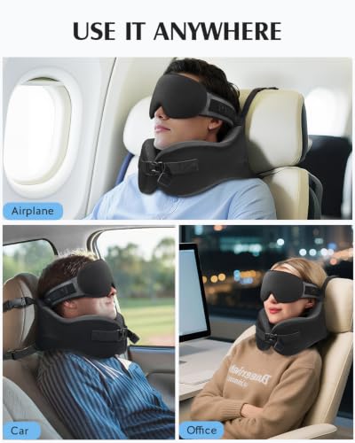 YFONG Travel Pillow with Head Support & Sleep Mask for Long Flights, Black - color: Black