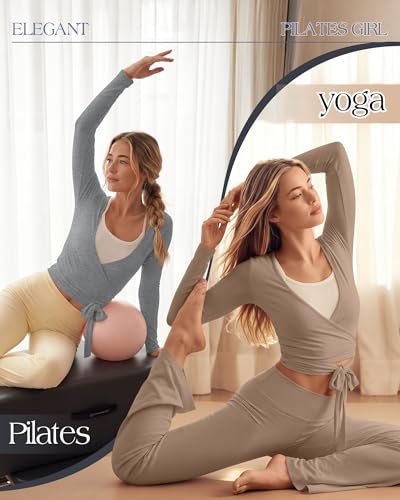 Oakgarden 3 Pack Womens Pilates Ballet Wrap Tops Front Tie Shirt - color: Black, Light Gray, Khaki, size: Medium