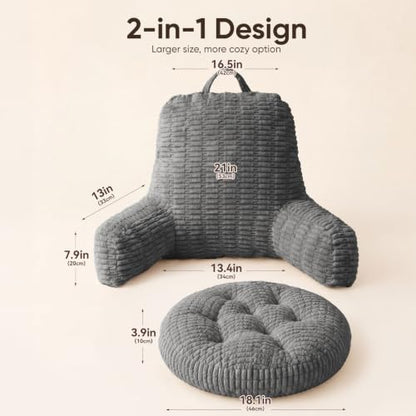 21"H Large Reading Pillow, Backrest Pillow with Floor Cushion Pillow - color: Gray, size: Large(21inch)+Cushion