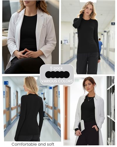 Oakgarden 5 Pcs Womens Long Sleeve Underscrub Shirt Crew Neck - color: Black, size: Large