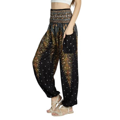 Tranquil Threads High-Waisted Boho Harem Yoga Pants for Women - color: Golden Black, size: X-Small