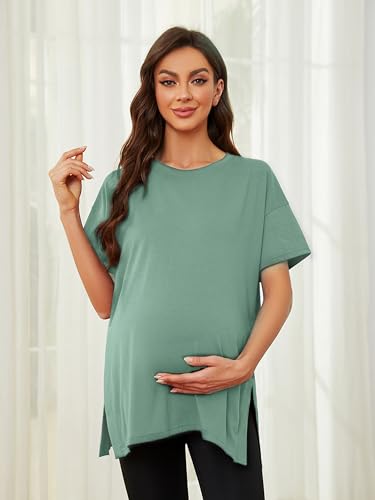 Ecavus Maternity Shirts Side Split Soft Cotton Loose Fit Pregnancy Tops - color: Green, size: Medium