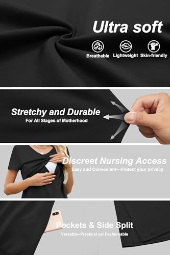 OUGES Womens 2026 Summer Short Sleeve Maternity Nursing Dress V Neck Breastfeeding Split Long Dress Pregnancy Clothes - color: Black, size: Small