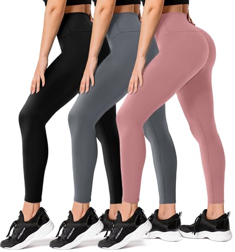 FULLSOFT 3 Pack Leggings for Women High Waisted Soft Black Yoga Pants for Workout Athletic Running Reg & Plus Size - color: 3 Pack Black, Dark Grey, Rosy Brown, size: Large-X-Large