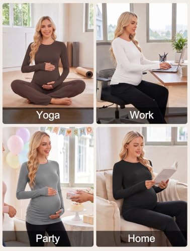 Ekouaer Womens 3 Pack Long Sleeve Maternity Shirts Thumb Hole Tops - color: 3pcs Black / Brown / White, size: Small