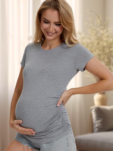 3 Pack Womens Maternity Shirts, Crew Neck Maternity Top Short Sleeve - color: Black/Light Grey/White Stripe, size: Medium