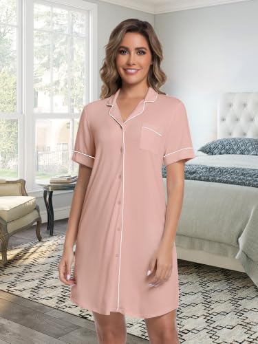 Womens Nightgown Bamboo Viscose Button Down Night Gowns - color: Dusty Rose, size: X-Large