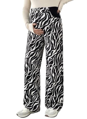 BLENCOT Women's Maternity Jeans Fashion Printed Pregnancy Denim Pants - color: Black White, size: Medium