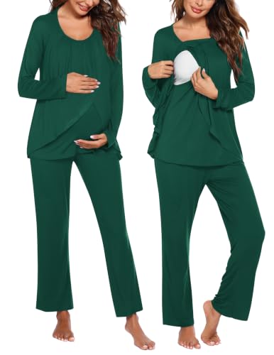 Ekouaer Maternity Nursing Pajama Set Long Sleeve Breastfeeding Sleepwear - color: Dark Green, size: Large