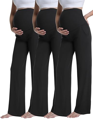 3 Pack Women's Maternity Pants Wide Leg - color: 3 Pack Black/Black/Black, size: Medium