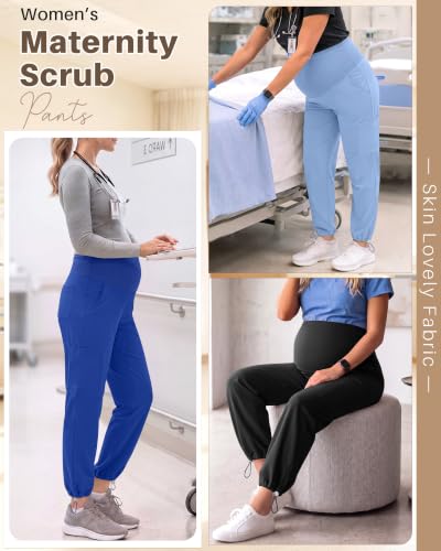 Locoowai 3 Pack Women's Maternity Jogger Scrub Pants with Pocket - color: Black, Sapphire Blue, Light Blue, size: Medium