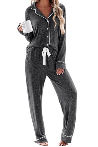 Ekouaer Women's Pajamas Long Sleeve Loungewear Casual Button Down Pjs - color: Dark Grey, size: X-Large