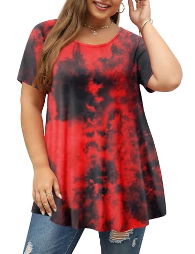 Magritta Women's Short Sleeve Crew Neck Plus Size Tunic Tops - color: Redblack, size: 2X