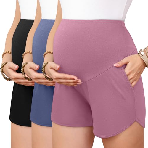 3 Pack Women's Maternity Shorts - color: Black, Haze Blue, Rose Pink, size: Medium