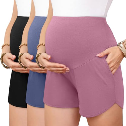 3 Pack Women's Maternity Shorts - color: Black, Haze Blue, Rose Pink, size: Medium