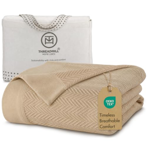 Threadmill Luxury 100% Cotton Queen Herringbone Blanket, Beige - color: Beige, size: Queen (90" x 92")