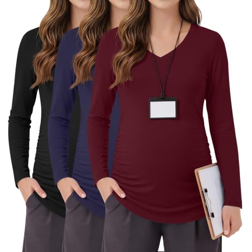 3 Pack Women Maternity Shirts Scrub Tops Side Ruched - color: Black, Navy Blue, Wine Red, size: Medium